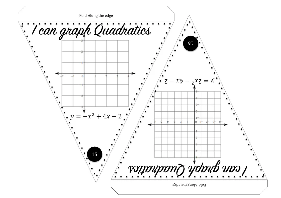 Quadratic graphing pennants 15–16: y = −x² + 4x − 2 and y = 2x² − 4x − 2 for students to graph.