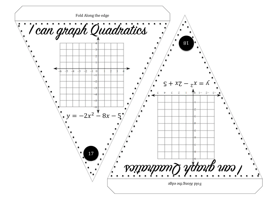 Quadratic graphing pennants 17–18: y = −2x² − 8x − 5 and y = x² − 2x + 5 for students to graph.
