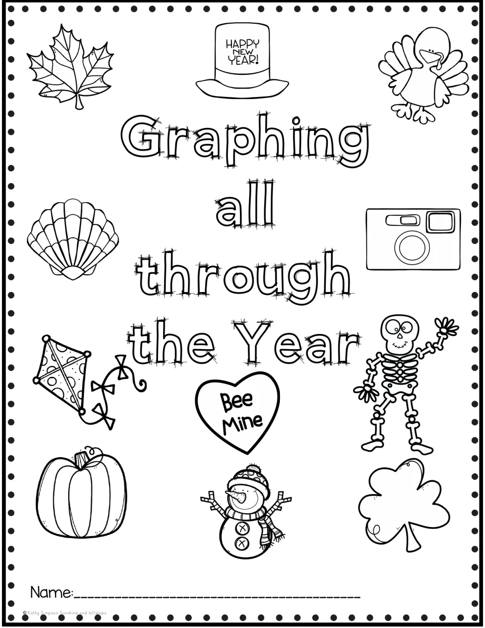 Cover titled Graphing all through the Year with a name line and seasonal art: turkey, pumpkin, snowman, shamrock, kite