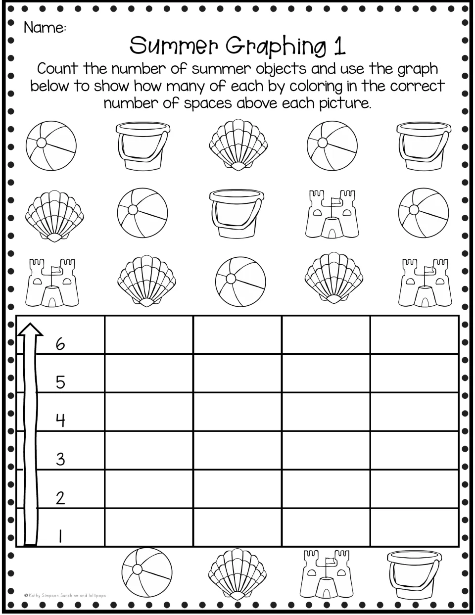 Summer Graphing 1: students count beach balls, shells, sandcastles and buckets, then color a bar graph from 1 to 6