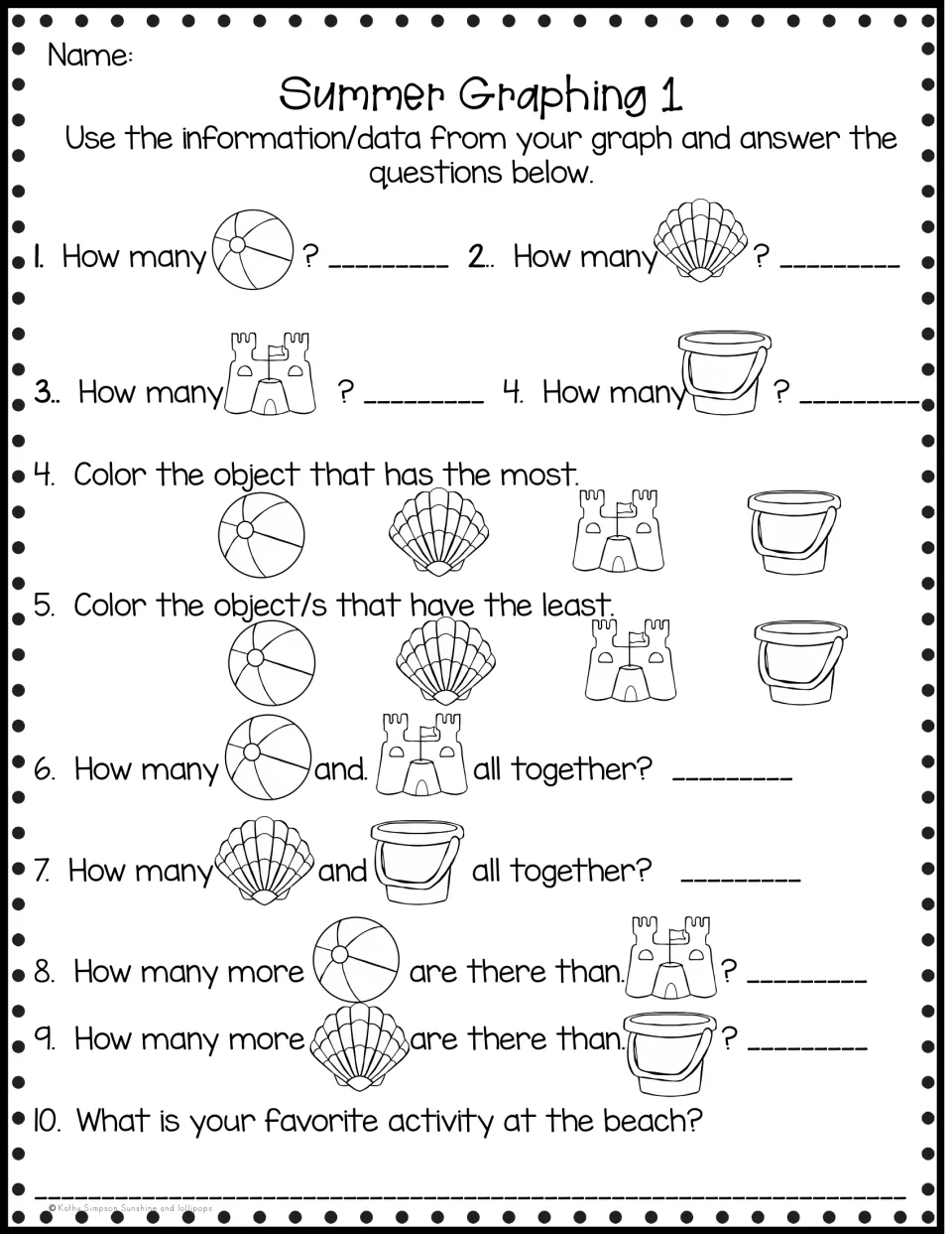 Summer Graphing 1 questions: students read their graph to tell how many, most and least, totals, and how many more