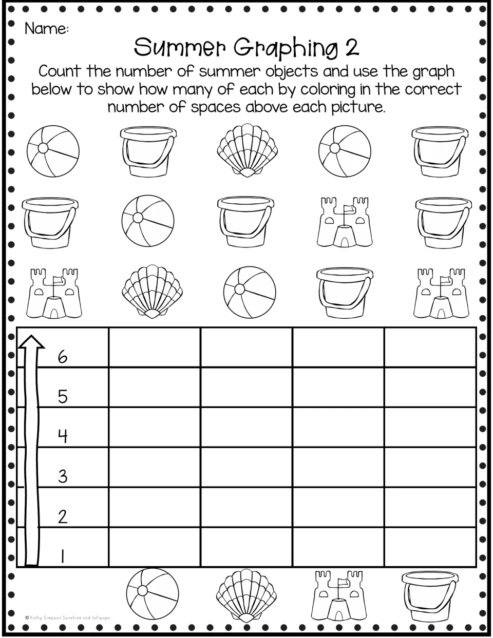 Summer Graphing 2: students count beach balls, buckets, shells and sandcastles and color the matching bar graph