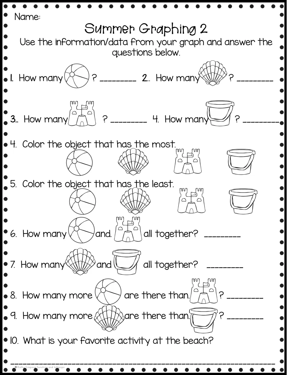 Summer Graphing 2 questions: students add pairs of objects, compare counts and name a favorite beach activity