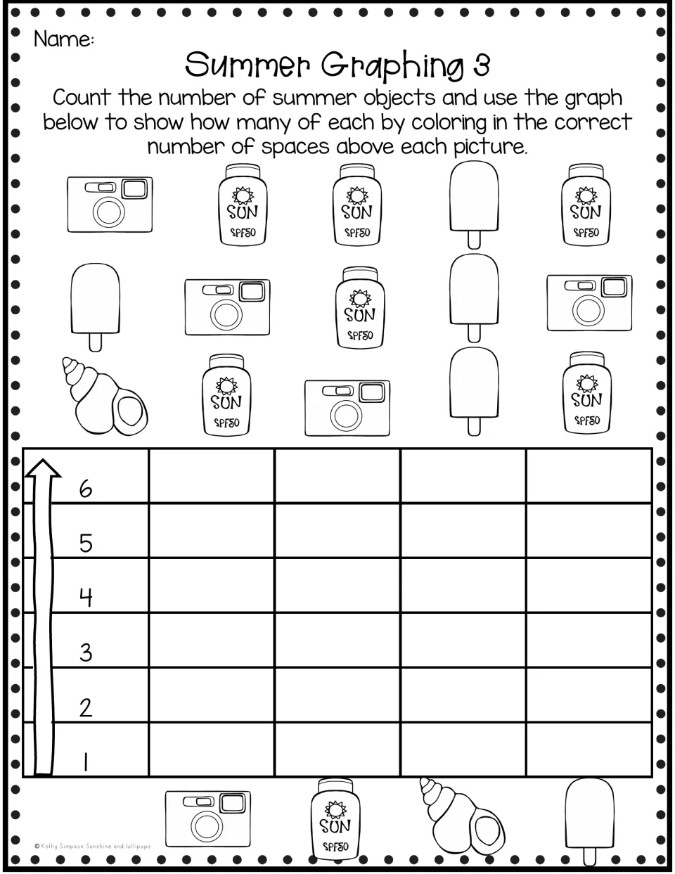 Summer Graphing 3: students count cameras, sunscreen bottles, a seashell and popsicles, then graph each total