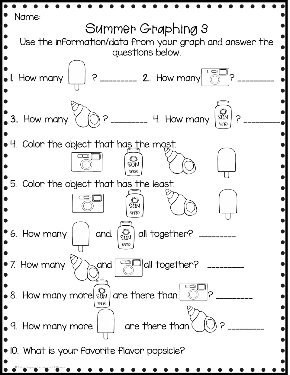 Summer Graphing 3 questions: students compare popsicles, cameras, shells and sunscreen and name a favorite flavor