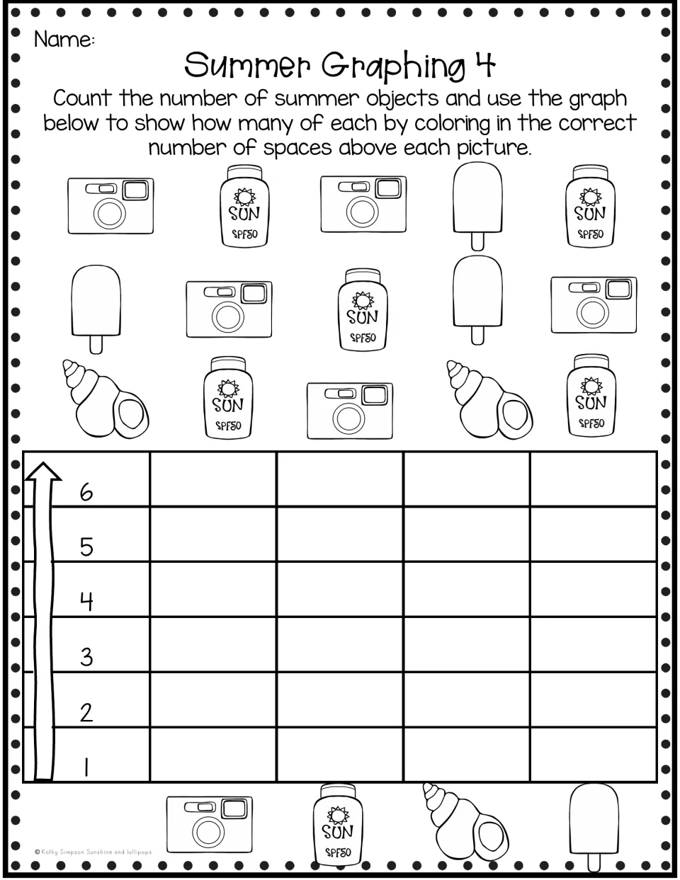 Summer Graphing 4: students count cameras, sunscreen, seashells and popsicles and color each total on the graph
