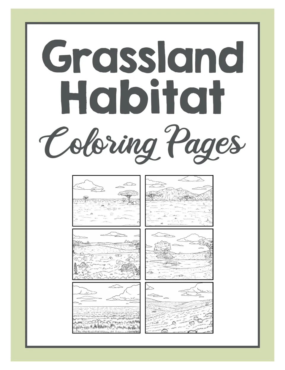 Cover: Grassland Habitat Coloring Pages, previewing six line-art savanna and prairie scenes with trees, hills and water