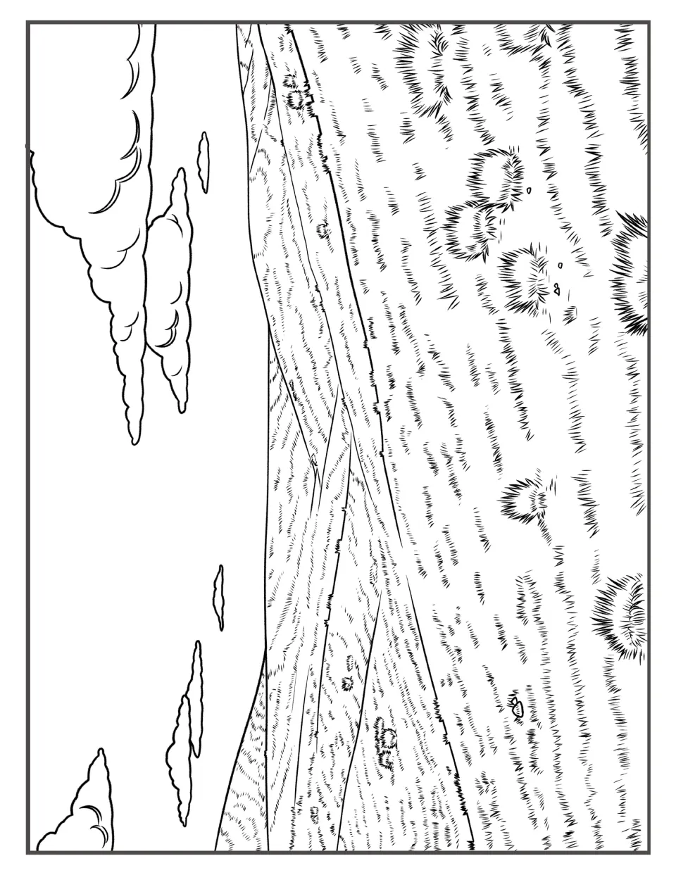 Rolling hills scene: students colour grass-covered slopes dotted with tufts and small bushes under billowing clouds