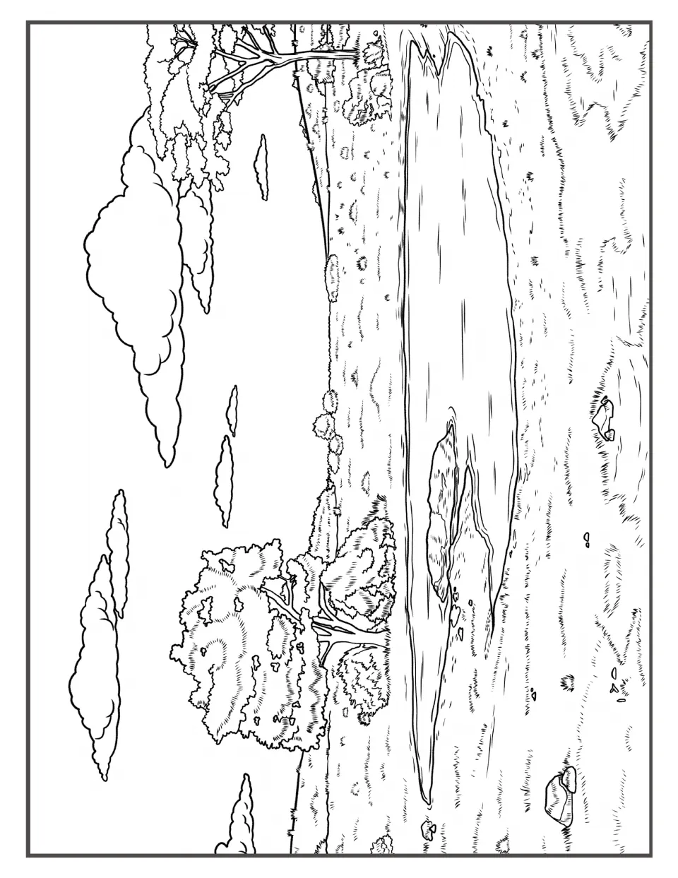 Grassland watering hole scene: students colour a still pond framed by leafy trees, rocks and grassy banks