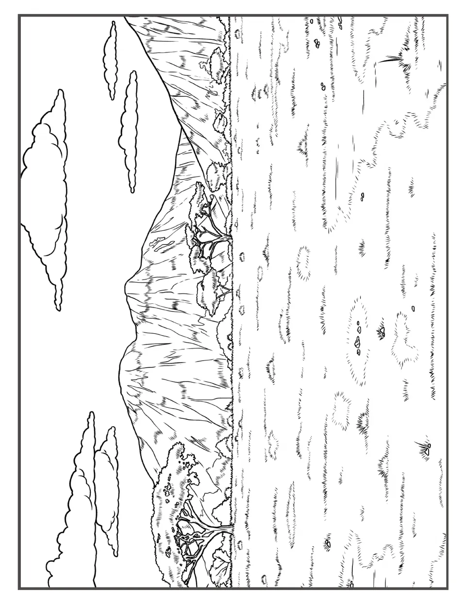 Savanna mountain scene: students colour flat-topped trees along the base of a large ridge above a grassy plain
