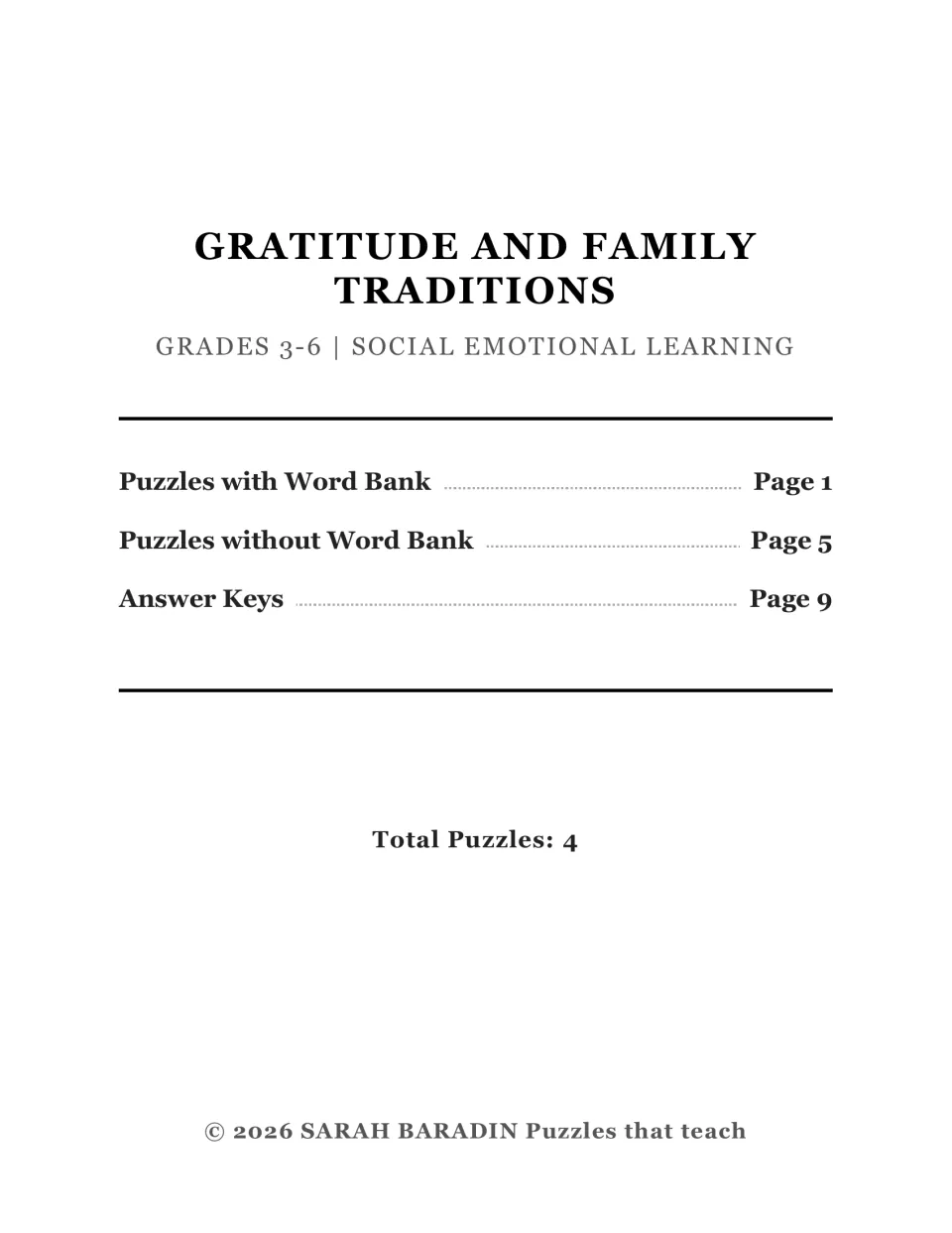 Gratitude and Family Traditions cover lists four puzzles, word bank versions, and answer key sections.