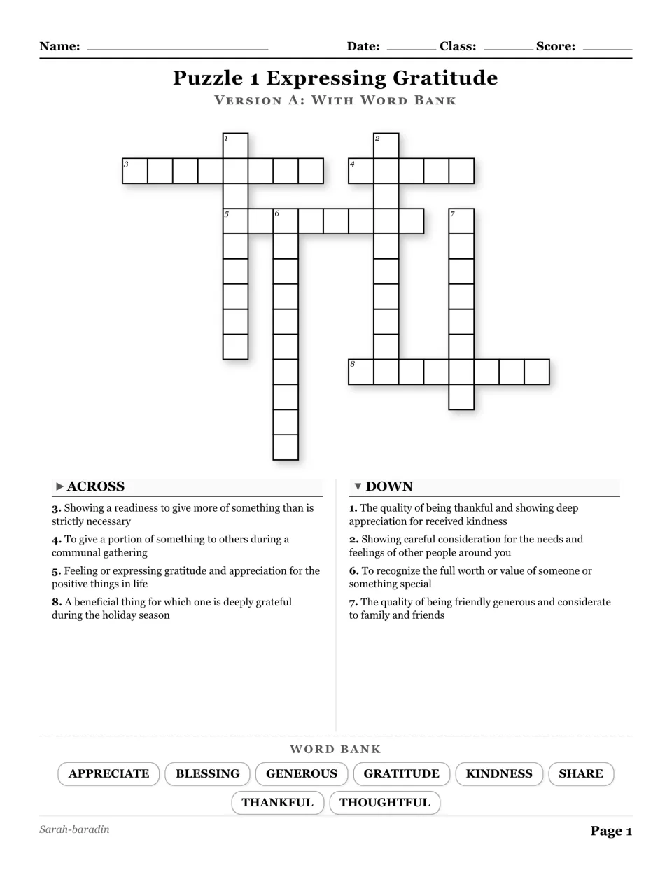 Expressing Gratitude crossword with a word bank: appreciate, blessing, generous, gratitude, and four more.