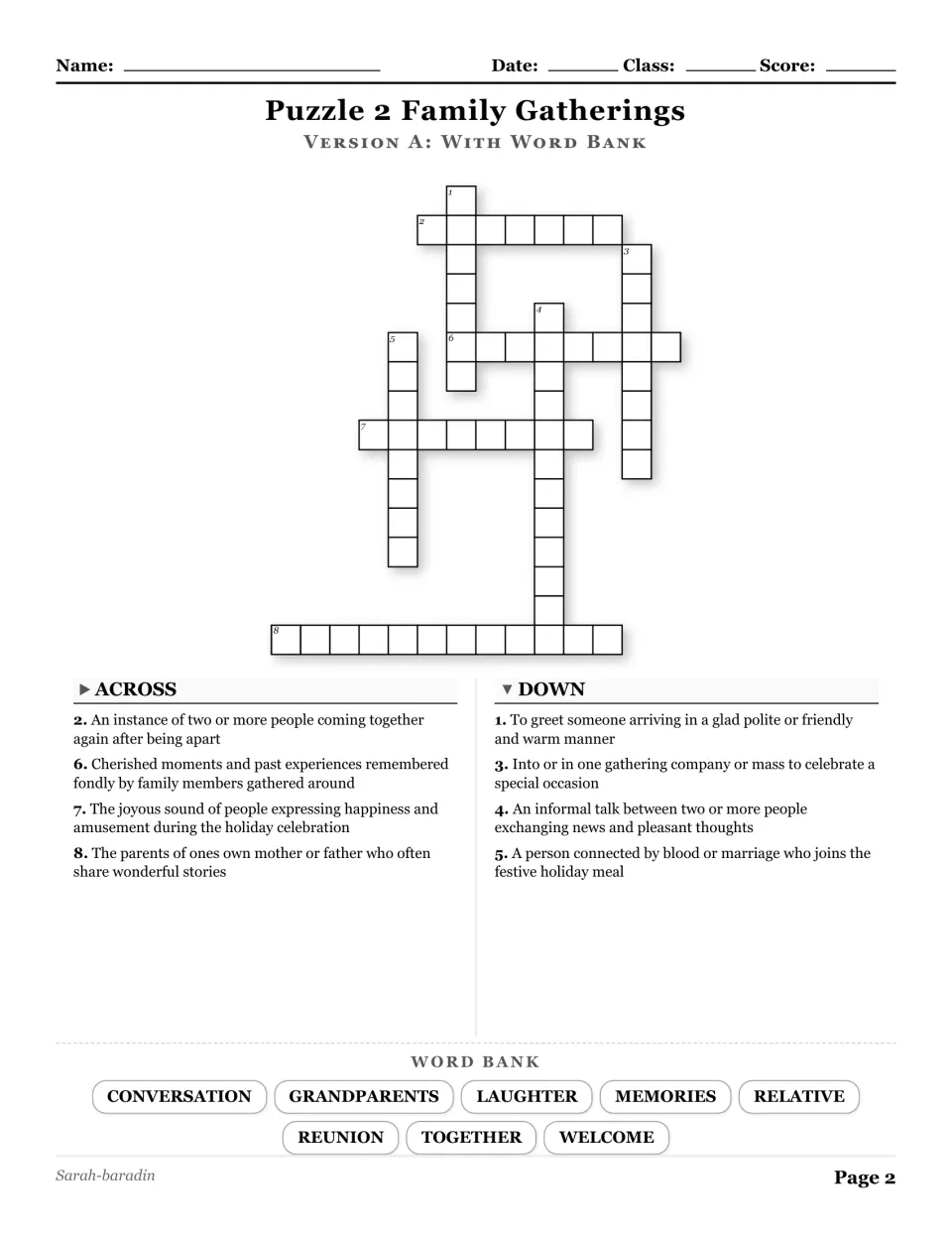 Family Gatherings crossword with a word bank: conversation, grandparents, laughter, memories, and four more.