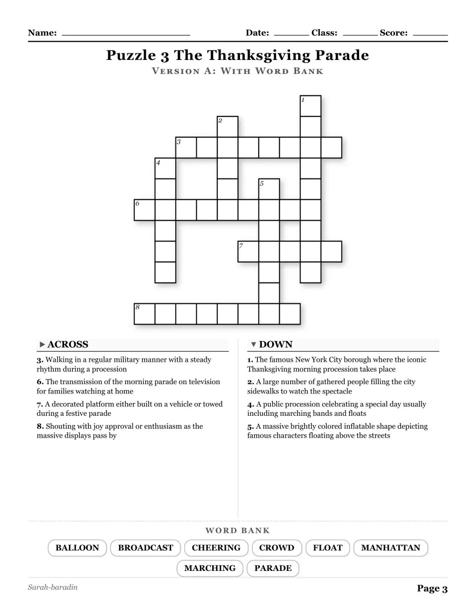 The Thanksgiving Parade crossword with a word bank: balloon, broadcast, cheering, crowd, and four more.
