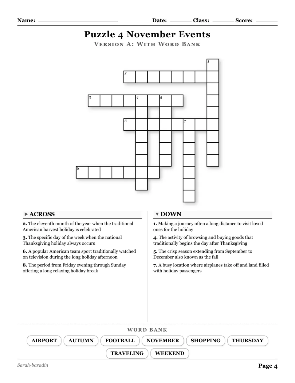 November Events crossword with a word bank: airport, autumn, football, November, and four more words.