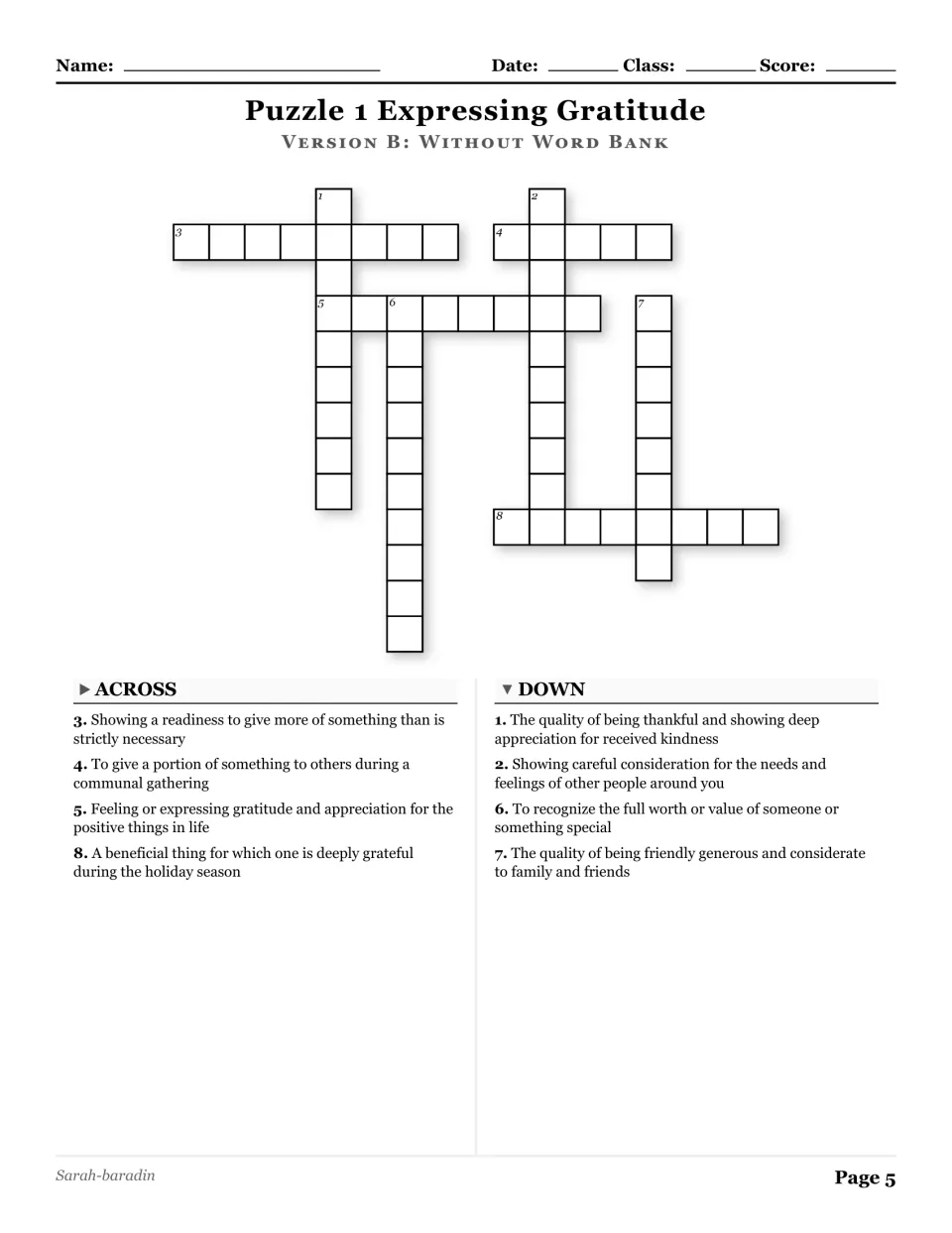 Expressing Gratitude crossword without a word bank, with eight clues about thankfulness, sharing, and kindness.