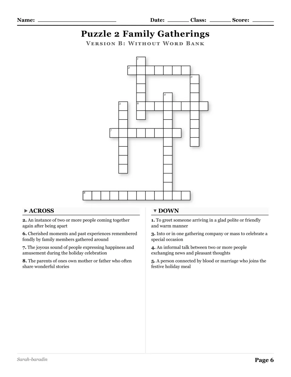 Family Gatherings crossword without a word bank, with eight clues about relatives, memories, and reunions.