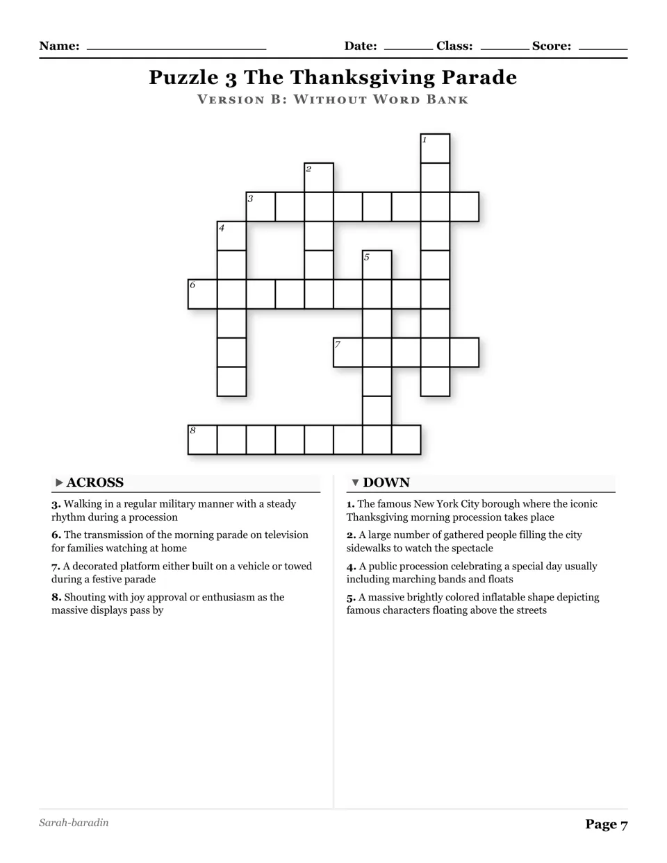 The Thanksgiving Parade crossword without a word bank, with eight clues about floats, balloons, and marching.