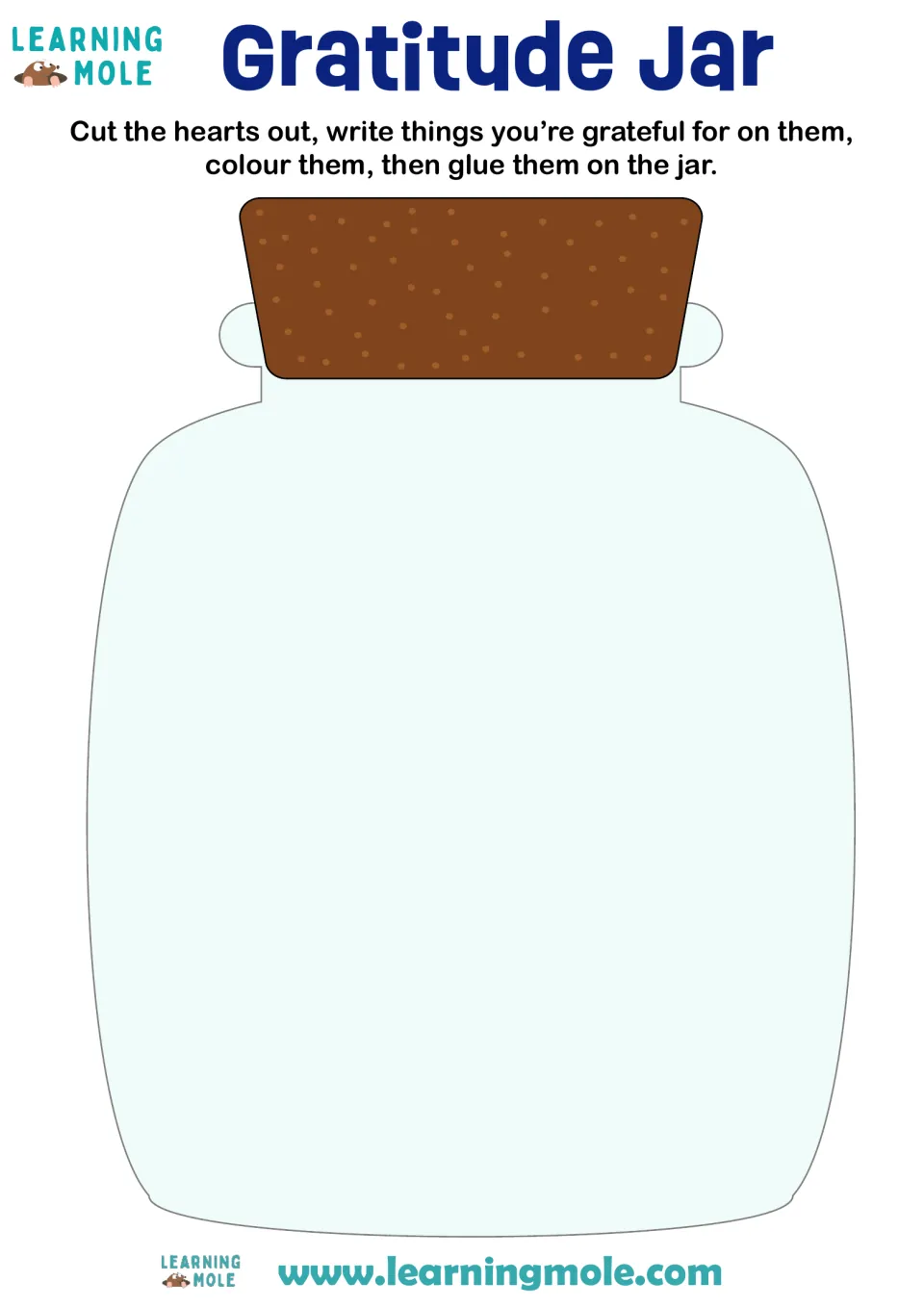 Gratitude jar template: students cut out hearts, write things they are grateful for, colour them and glue them on the jar