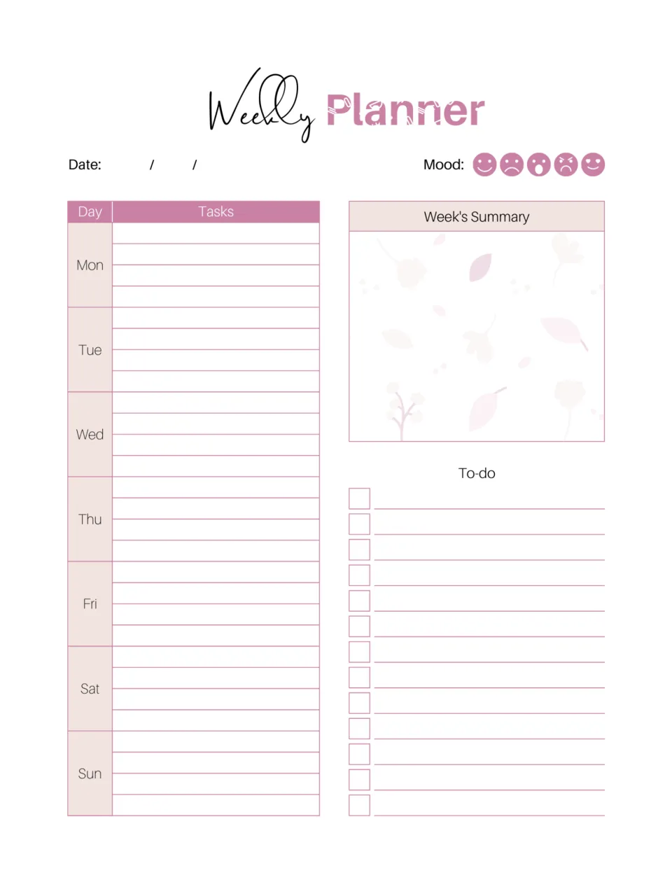 Weekly Planner, task version: list tasks for each day Mon to Sun, write a week's summary and check off a to-do list