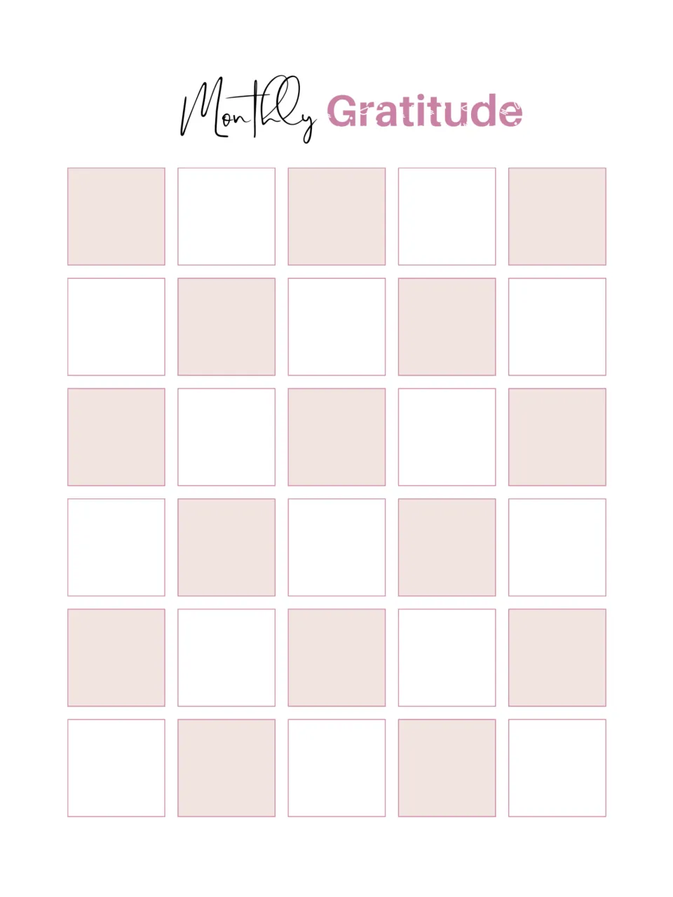 Monthly Gratitude calendar page: 30 unlabeled spaces to fill in with short thankful notes or doodles across the month