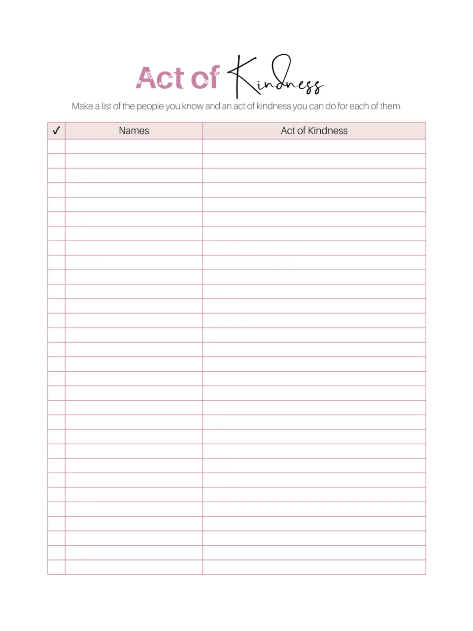 Act of Kindness list: write the names of people you know beside an act of kindness for each, then check it off when done