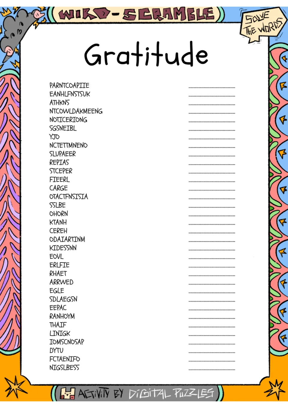 Gratitude word scramble activity: 34 entries to solve, including words for appreciation, kindness, and love