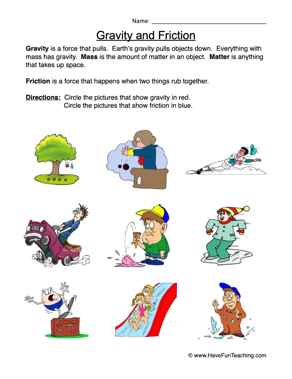 Gravity and Friction: students sort 9 pictures, circling gravity in red and friction in blue, after reading definitions