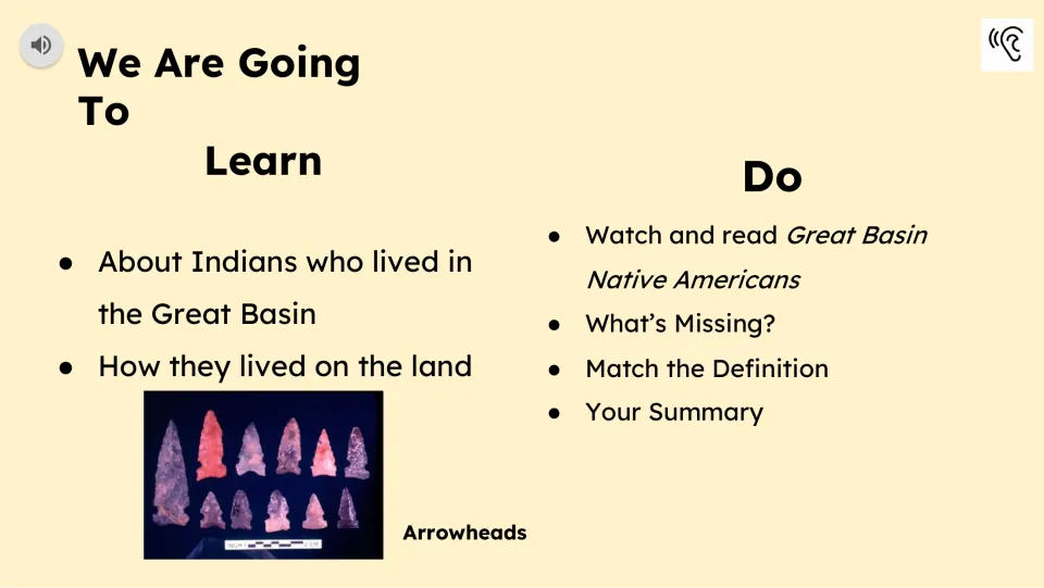 Learning goals introduce Great Basin life; tasks include watching, reading, vocabulary work, and a summary