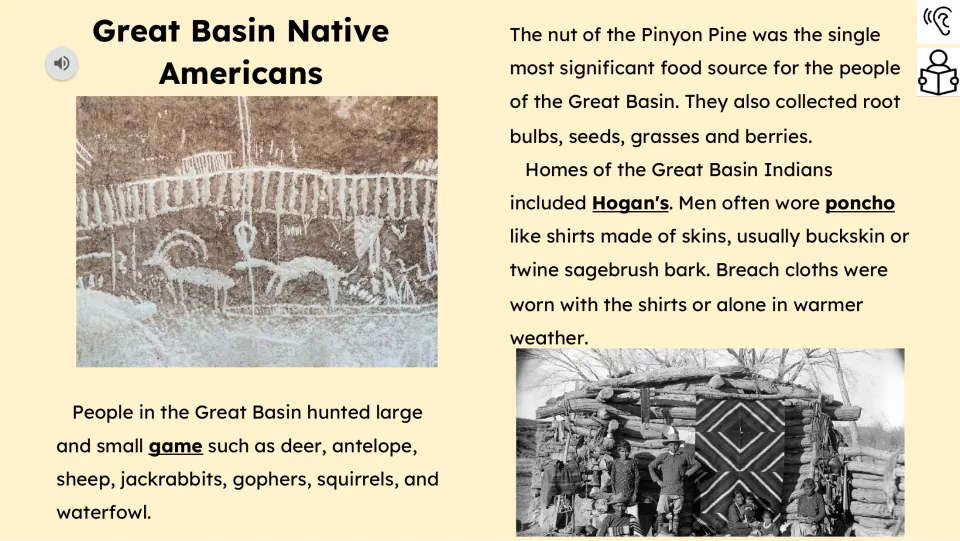 Reading passage part 1 describes Great Basin hunting, pinyon nuts, gathered foods, homes, and men's clothing