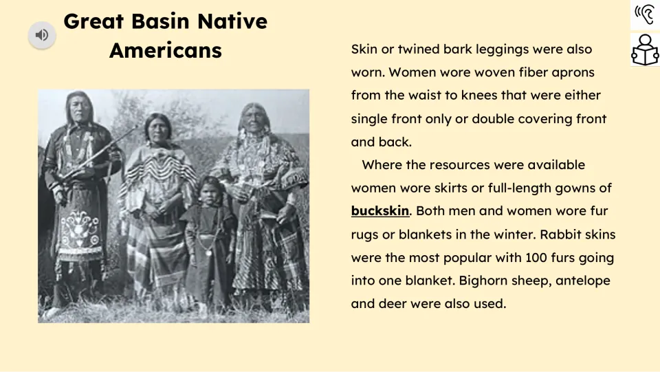 Reading passage part 2 describes leggings, women's woven aprons and buckskin gowns, and winter fur blankets