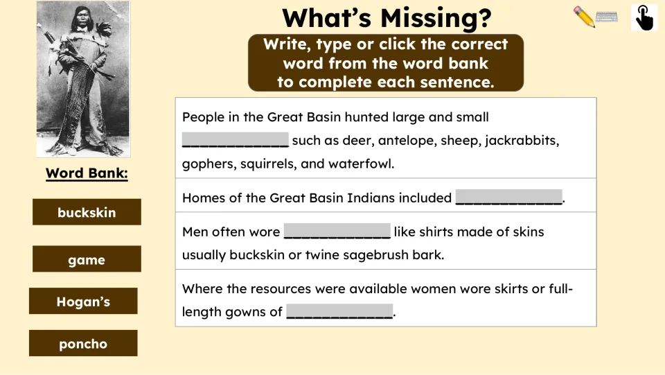 What's Missing? activity asks students to complete four reading sentences using buckskin, game, Hogan’s, and poncho