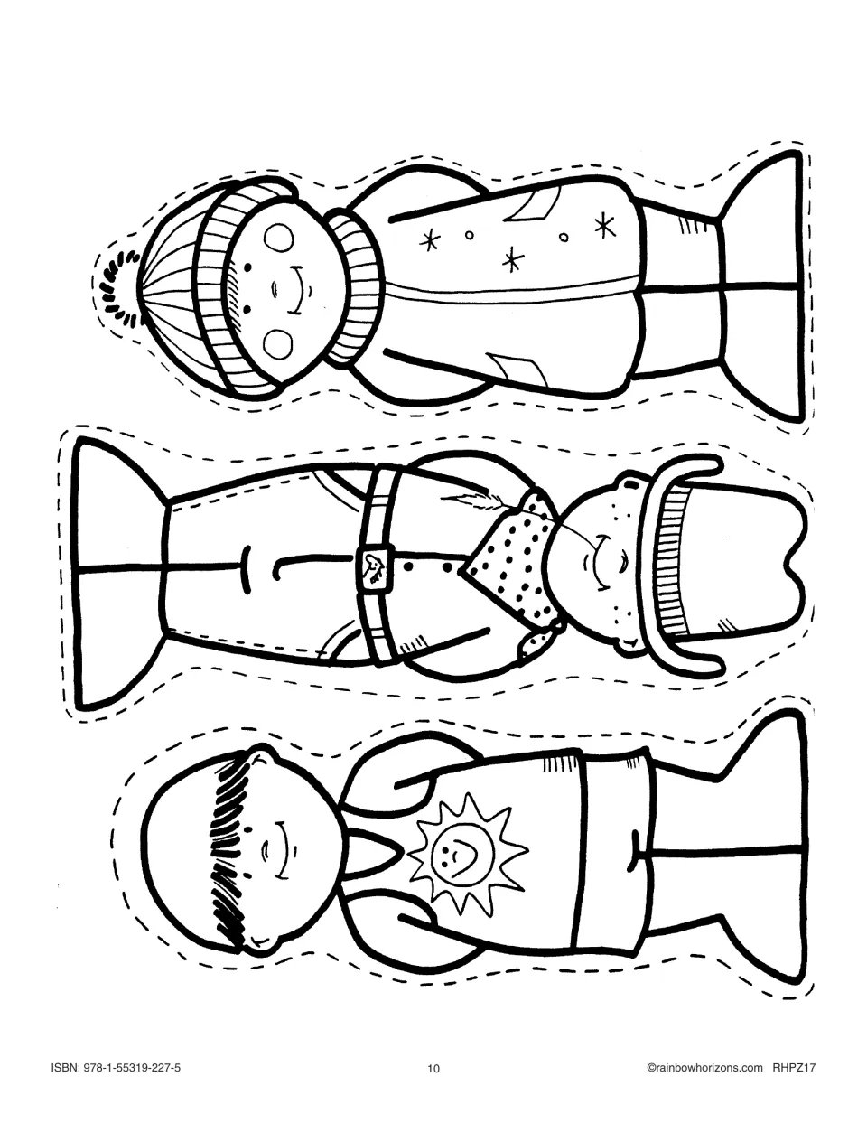 'Whose Shoes?' people 4–6: a child in a winter hat and coat, a cowboy, and a child in a sun T-shirt