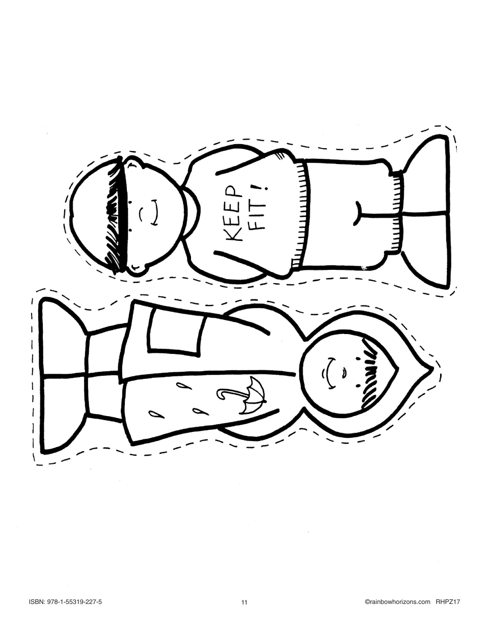 'Whose Shoes?' people 7–8: a child in a 'KEEP FIT!' sweatshirt and a child in a hooded raincoat