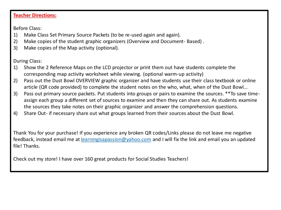 Teacher directions for preparing packets, using maps, taking overview notes, and examining sources in groups.