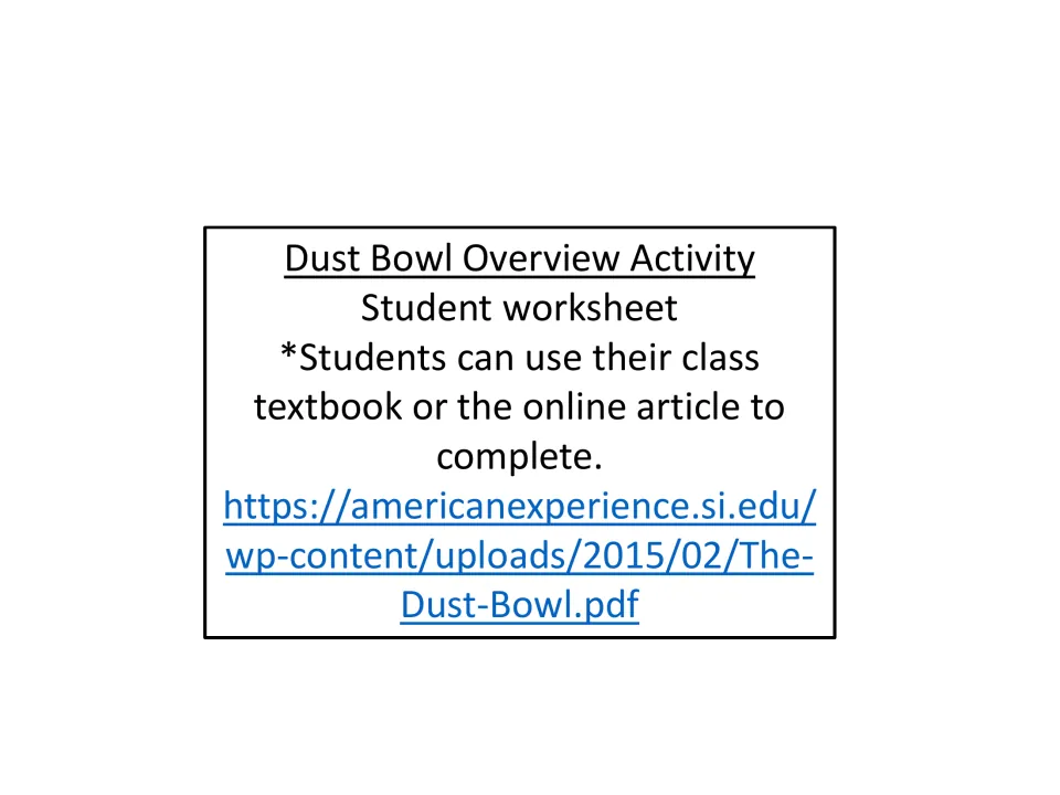Dust Bowl overview activity introduction directs students to use a class textbook or the linked online article.