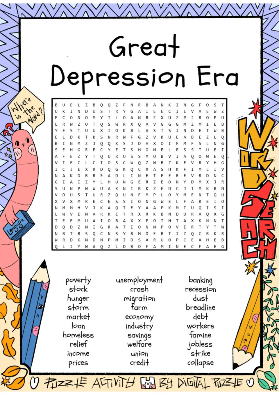 Great Depression vocabulary word search: students find 30 words such as poverty, breadline, dust, unemployment and relief
