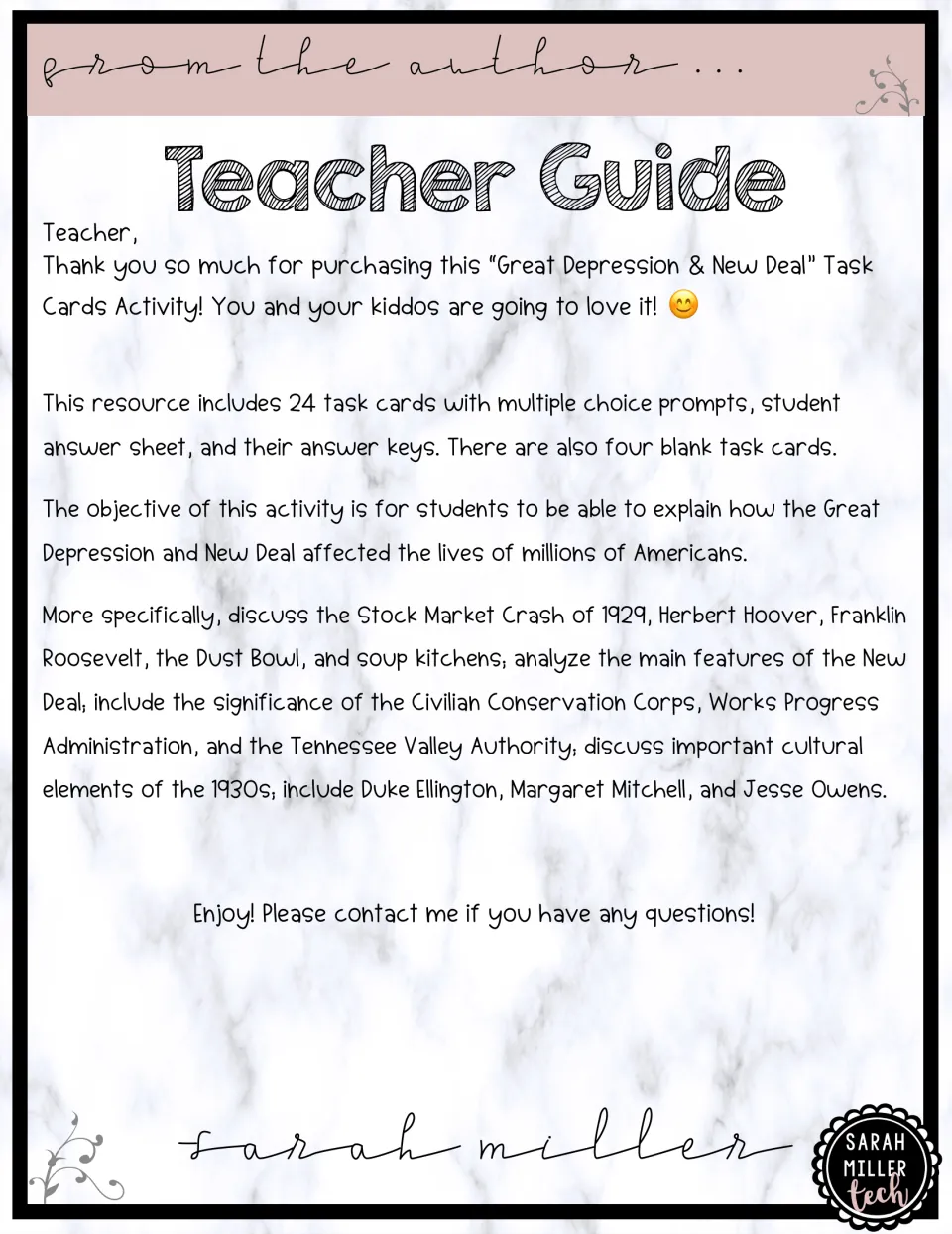 Teacher guide listing 24 multiple-choice task cards, answer sheet, keys, 4 blank cards and topics from 1929 crash to Owens