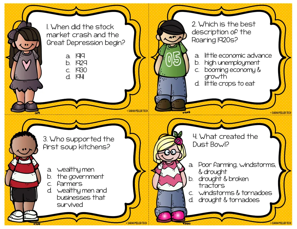 Task cards 1-4: students answer multiple-choice questions on the 1929 crash, the Roaring 1920s, soup kitchens and Dust Bowl