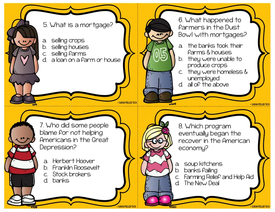Task cards 5-8: multiple-choice questions on mortgages, Dust Bowl farmers losing land, blame on Hoover and the New Deal
