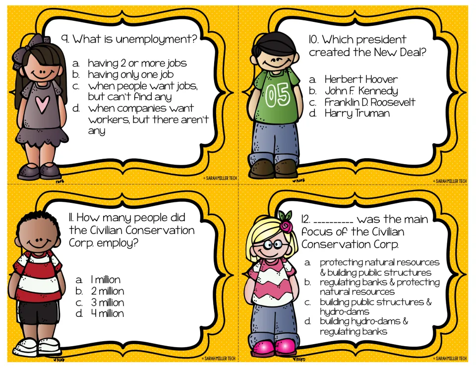 Task cards 9-12: students pick answers about unemployment, who created the New Deal and the Civilian Conservation Corps