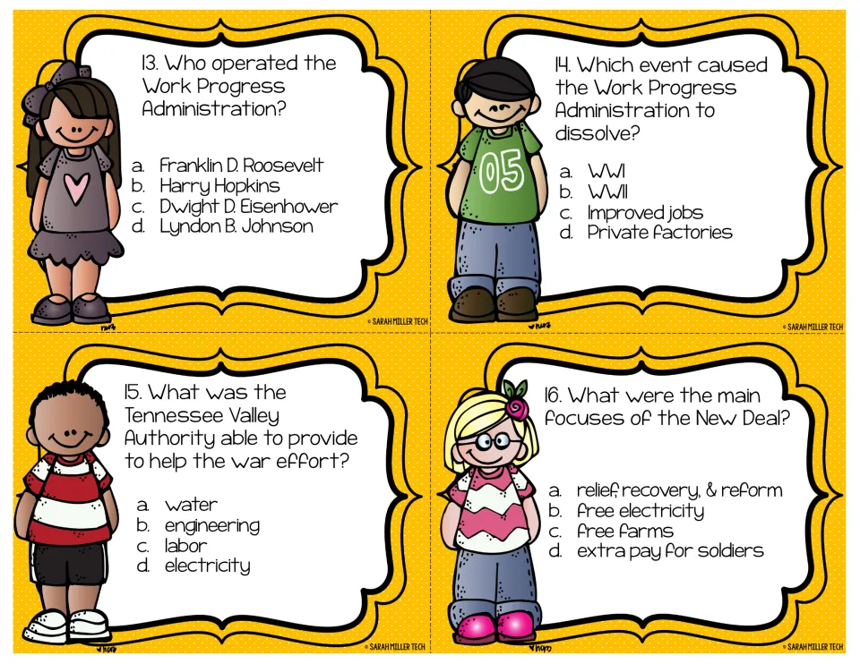Task cards 13-16: questions on the Work Progress Administration, Tennessee Valley Authority and New Deal goals
