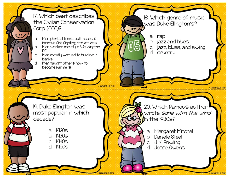 Task cards 17-20: questions on CCC work, Duke Ellington's music genre and decade, and the author of Gone with the Wind