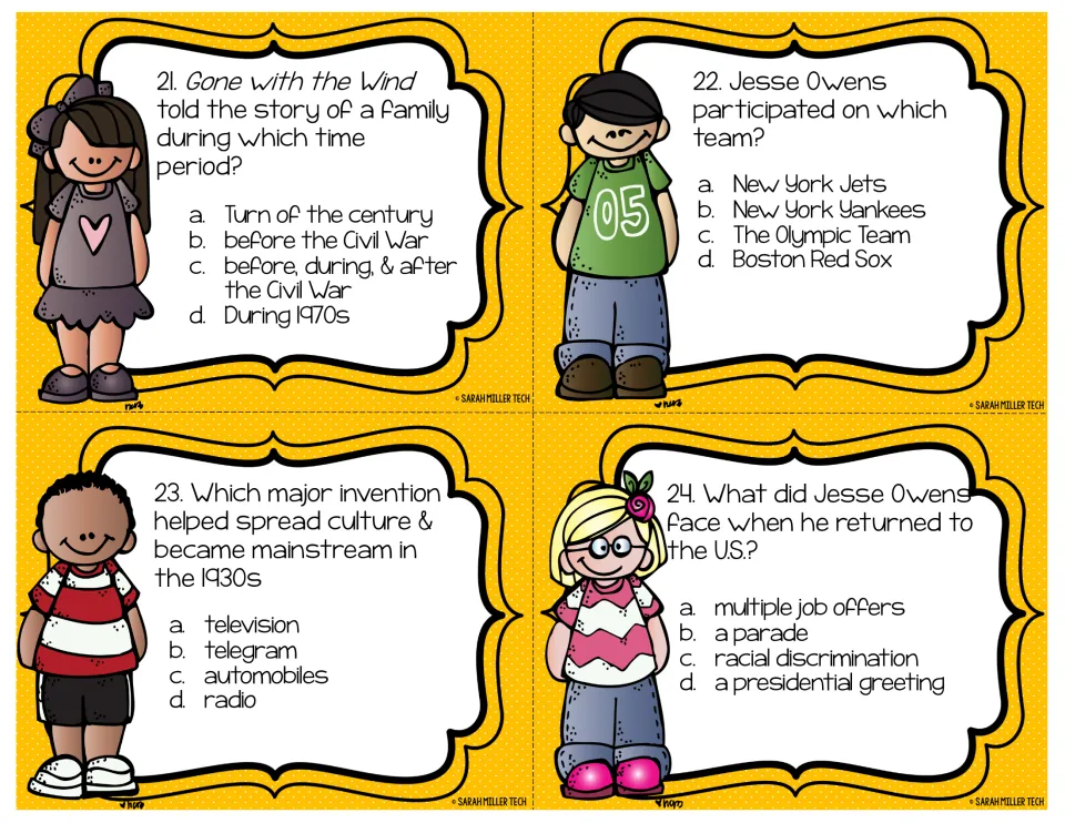 Task cards 21-24: multiple-choice questions on Gone with the Wind's setting, Jesse Owens, and a 1930s invention