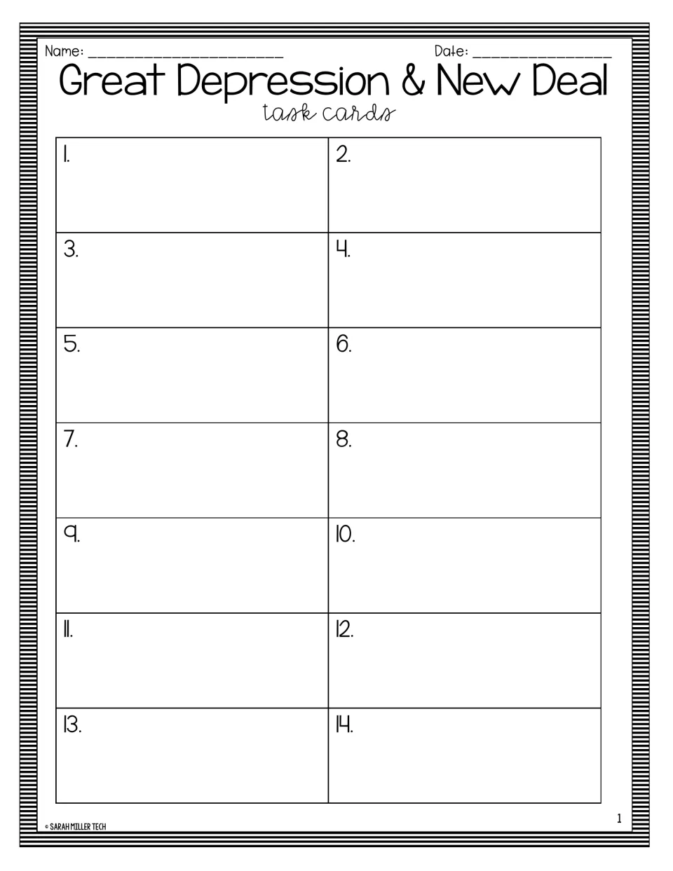 Great Depression & New Deal student answer sheet with name and date lines and numbered spaces for recording answers 1-14