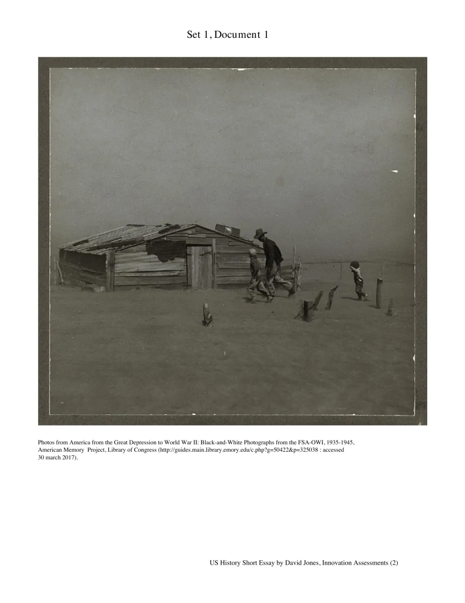 Great Depression FSA photo: a man and two children walk past a shack in a dust storm, Set 1 Document 1
