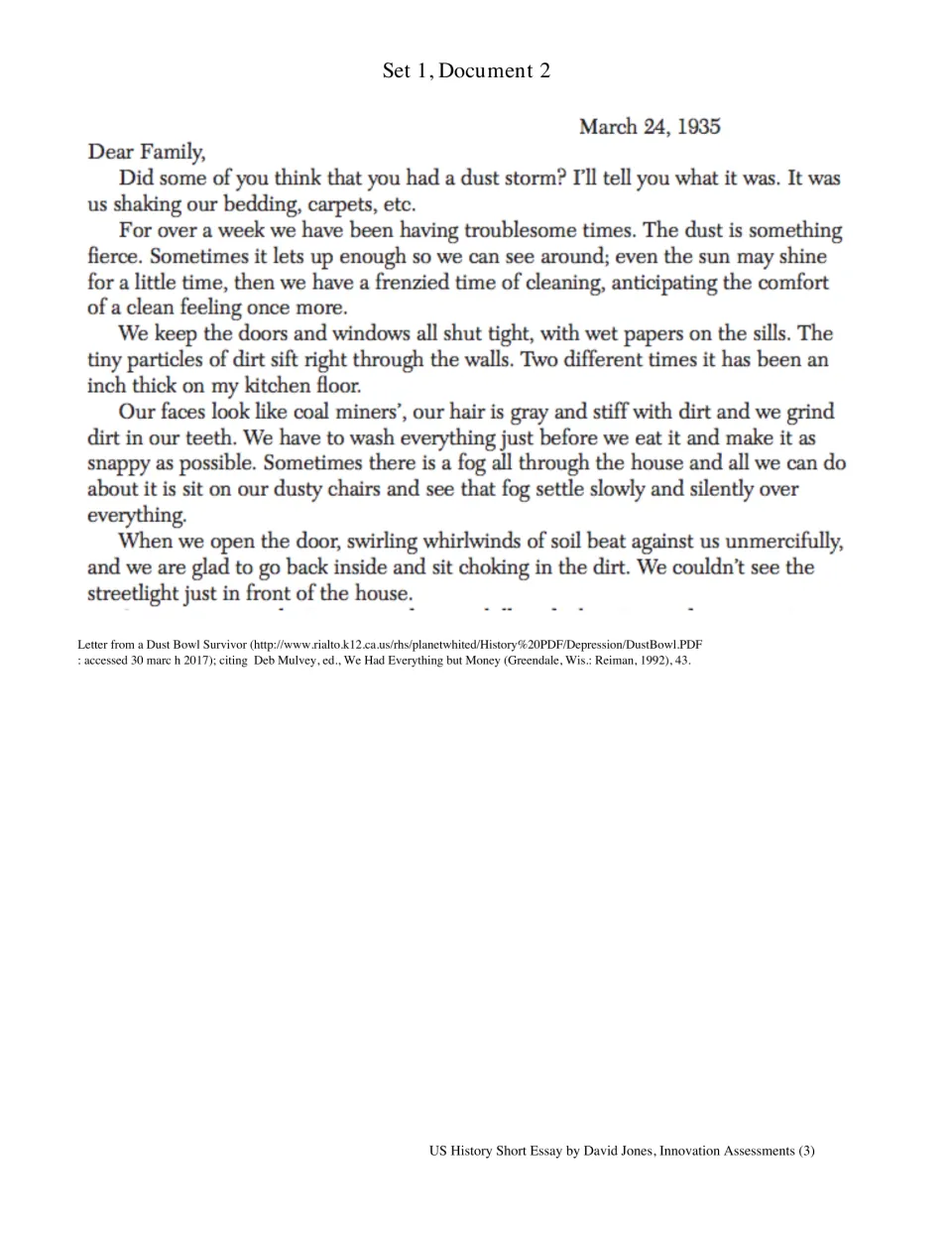 Dust Bowl letter dated March 24, 1935 describing dust sifting into a home, Set 1 Document 2 for primary source reading