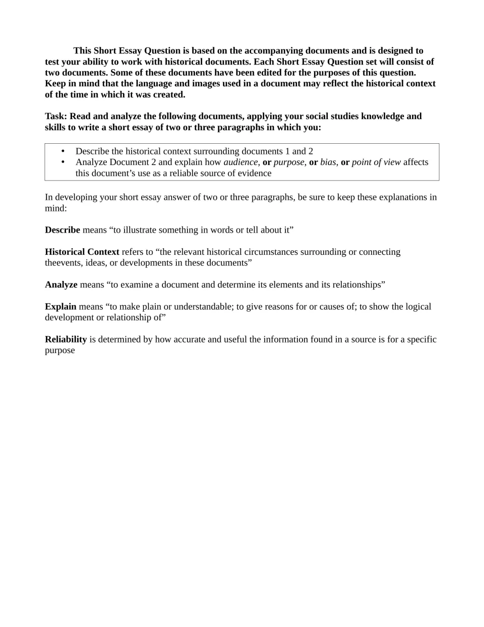 Set 2 essay task: describe context for documents 1 and 2 and judge Document 2's reliability by audience, purpose or bias