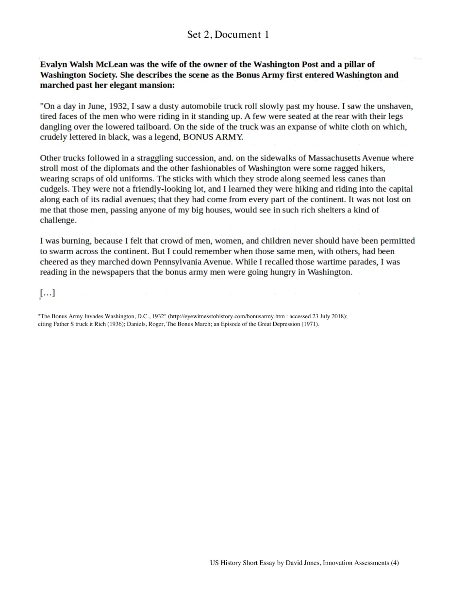 Bonus Army 1932 eyewitness account by Evalyn Walsh McLean of marchers entering Washington, Set 2 Document 1