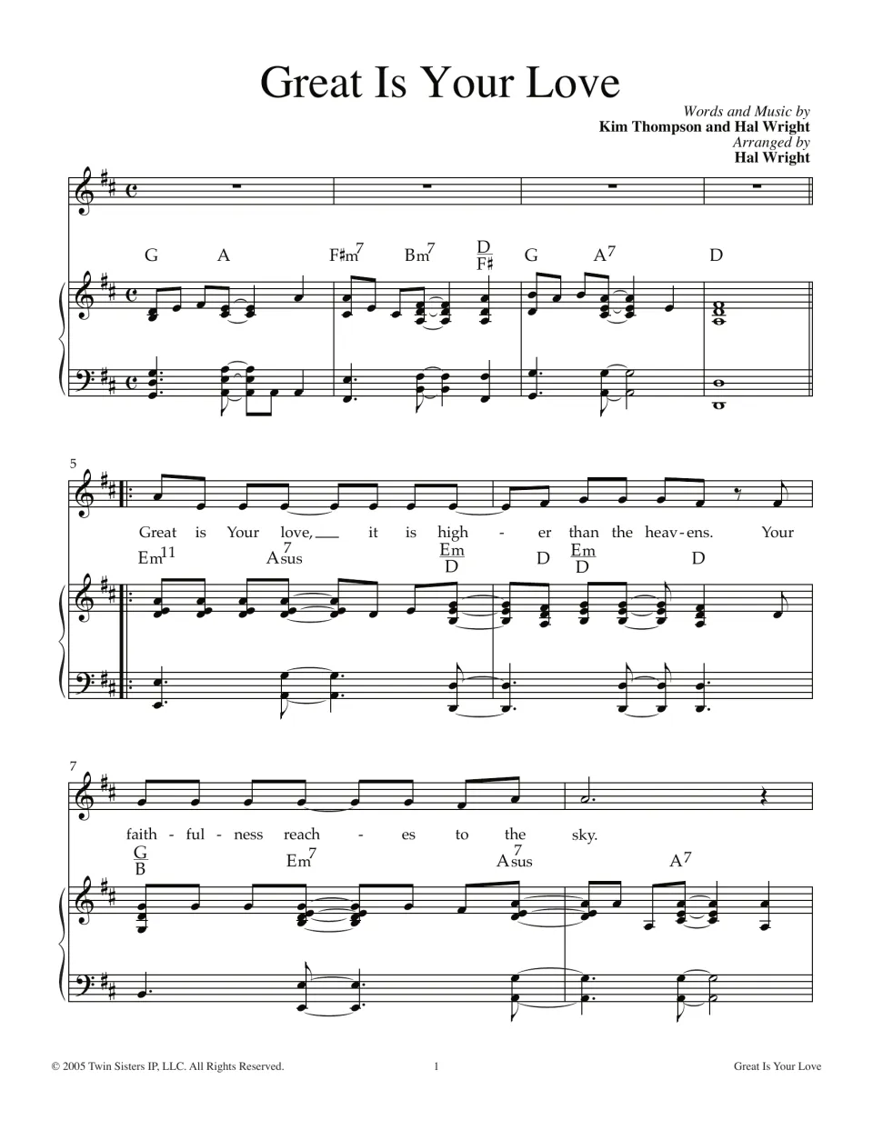 Great Is Your Love, bars 1-8: students sing the opening verse in D major over a piano accompaniment with chord symbols